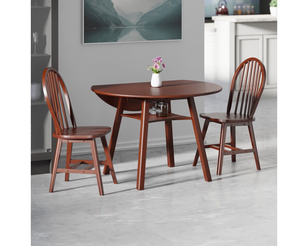 Marbelle 3-Pc Drop Leaf Dining Table with 2 Windsor Chairs, Walnut Finish