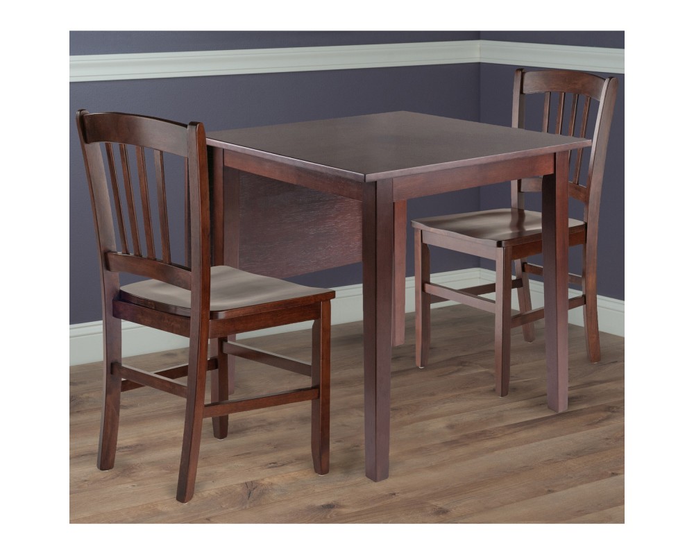 Perrone 3-Pc Drop Leaf Dining Table with 2 Slat Back Chairs, Walnut