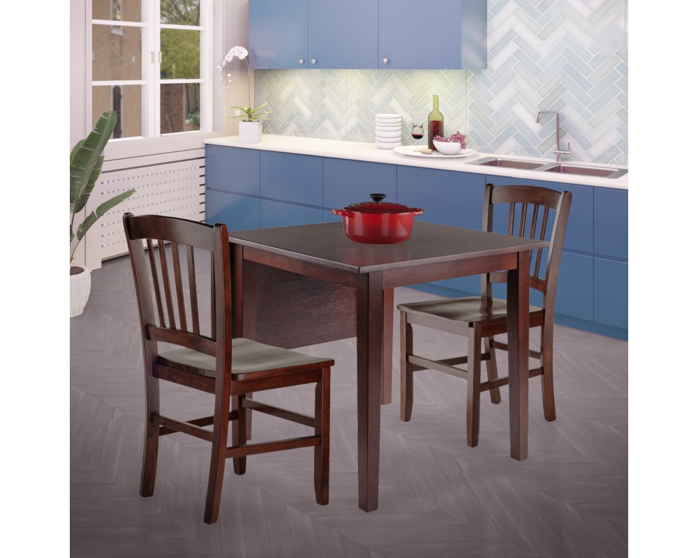 Perrone 3-Pc Drop Leaf Dining Table with 2 Slat Back Chairs, Walnut