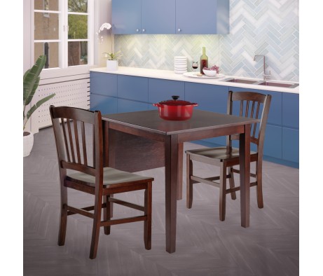 Perrone 3-Pc Drop Leaf Dining Table with 2 Slat Back Chairs, Walnut