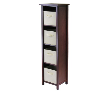 Verona 5-Pc 4-Tier Storage Shelf with 4 Foldable Fabric Baskets, Walnut and Beige