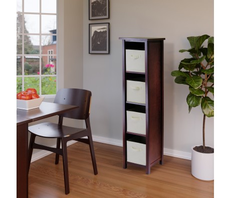 Verona 5-Pc 4-Tier Storage Shelf with 4 Foldable Fabric Baskets, Walnut and Beige