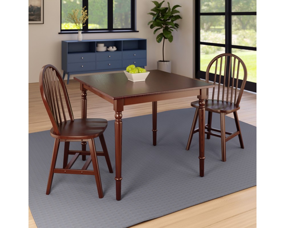 Mornay Square Dining Table with 2 Windsor Chairs, 36' Wide, Walnut