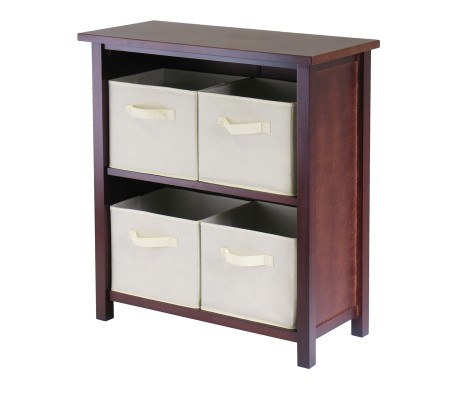 Verona 5-Pc 2-Tier Storage Shelf with 4 Foldable Fabric Baskets, Walnut and Beige