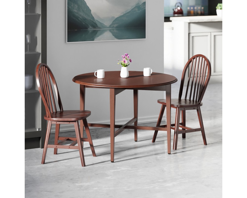 Hannah 3-Pc Double Drop Leaf Table Set with 2 Windsor Chairs Walnut Finish