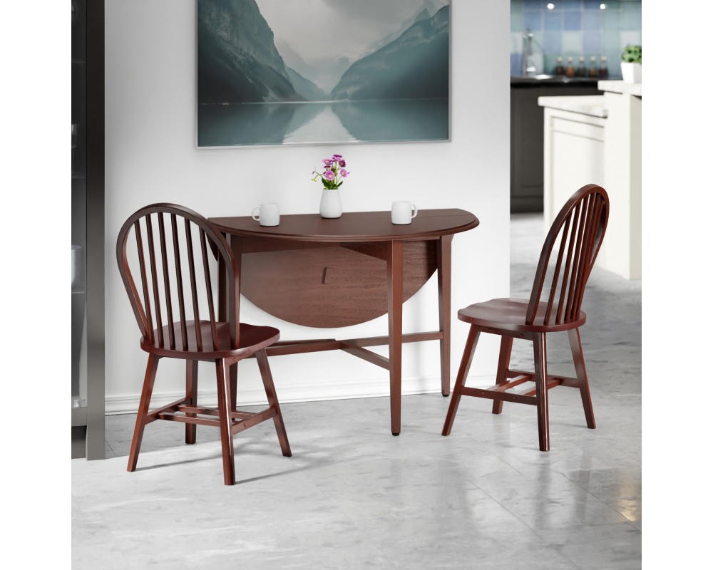 Hannah 3-Pc Double Drop Leaf Table Set with 2 Windsor Chairs Walnut Finish