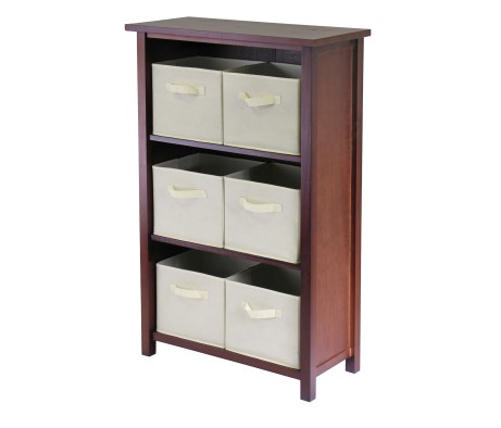 Verona 7-Pc 3-Tier Storage Shelf with 6 Foldable Fabric Baskets, Walnut and Beige