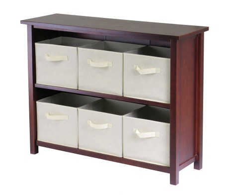 Verona 7-Pc Wide Storage Shelf with 6 Foldable Fabric Baskets, Walnut and Beige