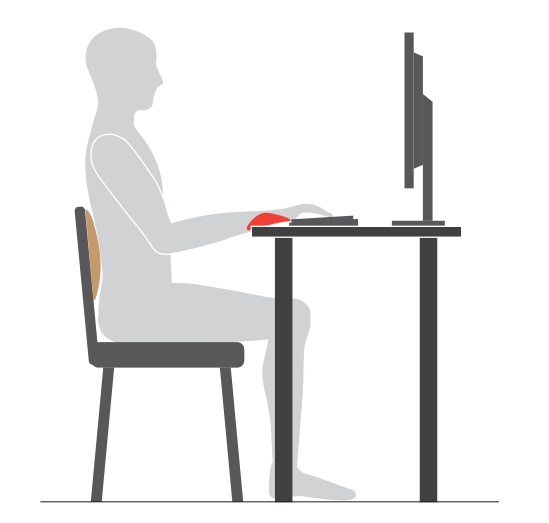 An example of incorrect hand placement and keyboard placement when working at a computer
